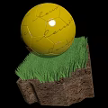 Sports Equipment Yellow Soccer Ball With Signatures On Green Grass Wooden Block