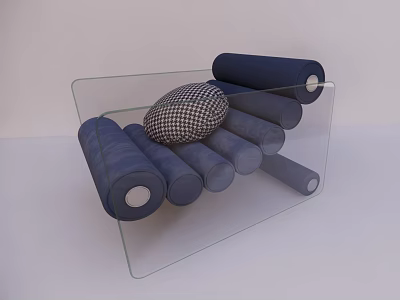 Single Sofa With Transparent Glass Frame Featuring Blue Cylindrical Cushions And Black White Checkered Pillow 3d model