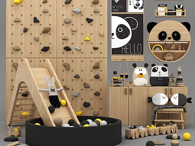 Kids Playroom With Climbing Wall Ball Pit Panda Decor And Wooden Toys 3d model