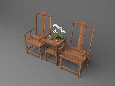 Traditional Chinese Wooden Tea Table and Chairs with Small Table Flowers and Teacup 3d model