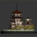 Traditional Japanese Landscape With Red Roof Multi Story Building Surrounded By Water And Red Plants