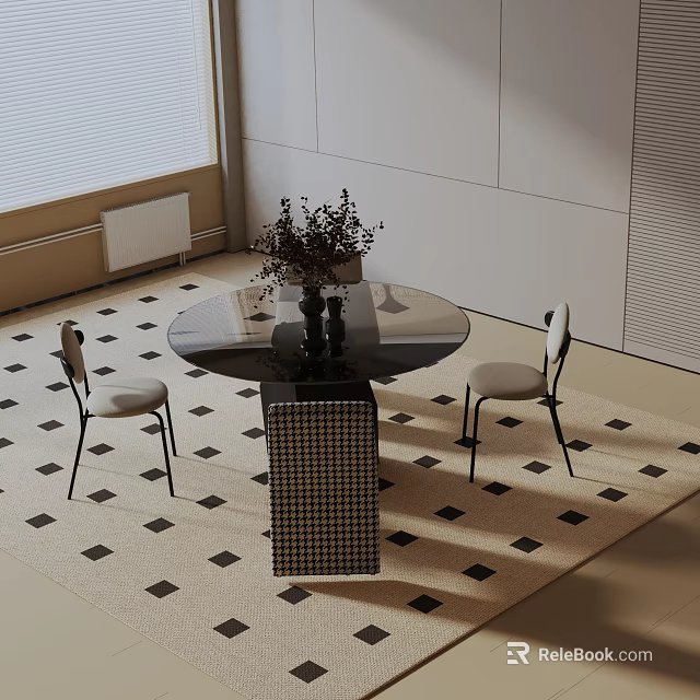 Modern Round Dining Table Set With Two Chairs Vase Decorative Plants And Geometric Pattern Rug 3d model