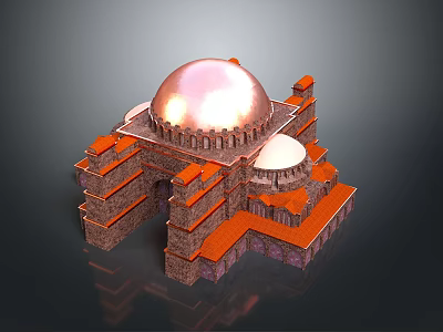 Traditional Architectural Structure With Large Copper Dome And Multi Layered Orange Bricks 3d model