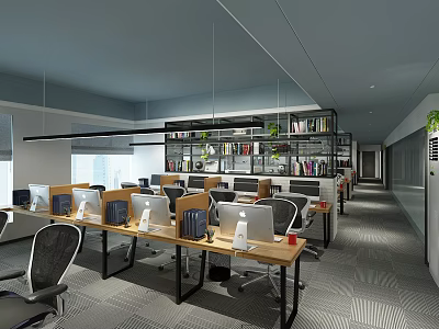 Modern Public Office Space With Desks Computers Bookshelves Green Plants And Pendant Lighting 3d model