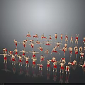 Human Figures in Red Outfits Performing Dynamic Poses in Circular Formation on Reflective Ground