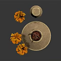 Traditional Decorative Brass Incense Burner With Incense Sticks And Orange Flowers