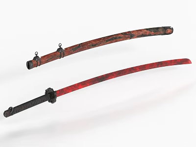 Traditional Samurai Swords with Red Black Sheath and Sharp Detailed Blade 3d model