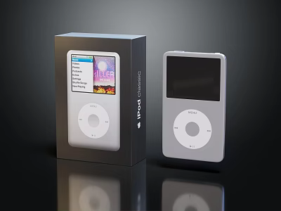 White iPod Classic Digital Device With Screen Circular Control Next To Black Packaging Box 3d model
