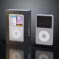 White iPod Classic Digital Device With Screen Circular Control Next To Black Packaging Box 3d model