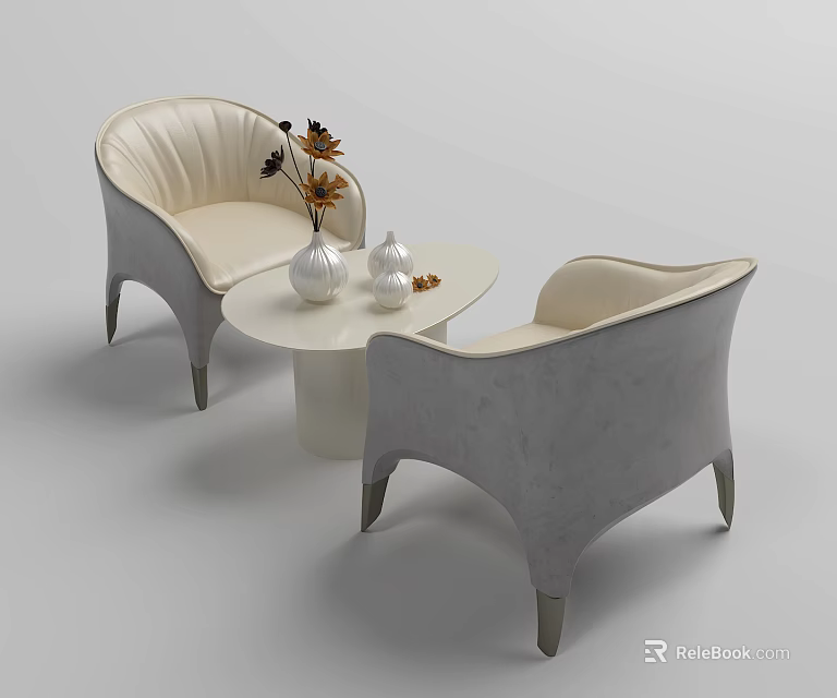Light Gray Curved Casual Sofa Set With Round Coffee Table And Vase Decor 3d model