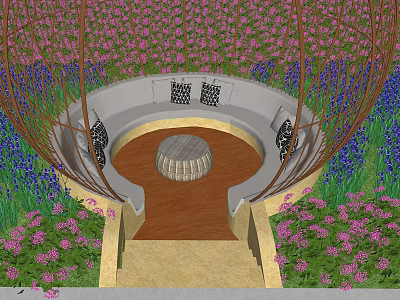 Outdoor Sofa with Round Coffee Table in Garden Surrounded by Colorful Flowers and Vine Pergola 3d model