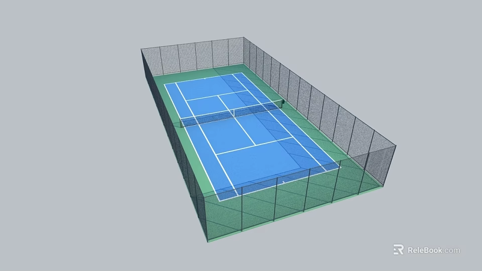 Enclosed Tennis Court With Green Surface And Net For Sports Fitness Training 3d model 