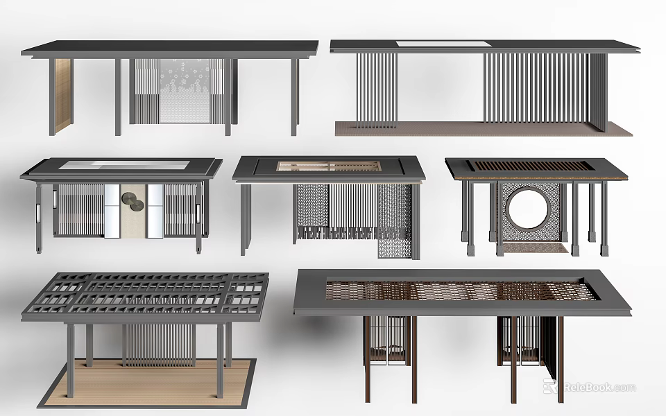 Different Wooden Table Designs With Lattice Panels Circular Cutouts And Decorative Legs 3d model 