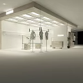 Modern White Interior Clothing Store With Glass Front Square Ceiling Lights And Clothing Displays