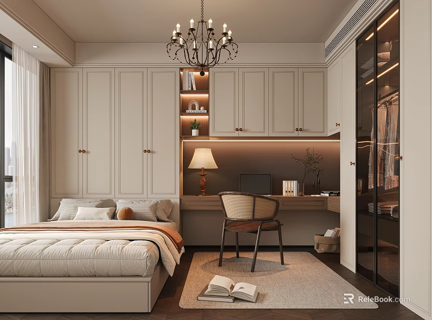 Tatami Bedroom Interior Design With Tatami Bed Wardrobe Desk Chair And Chandelier 3d model 