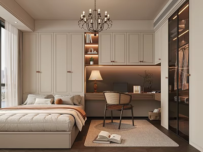 Tatami Bedroom Interior Design With Tatami Bed Wardrobe Desk Chair And Chandelier 3d model
