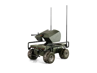 Military Weapon System Mounted on Wheeled Unmanned Vehicle with Antennas and Robotic Design 3d model