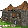 Rustic Wooden Kiosk With Display Shelves Goods Green Plants And Stone Decorations
