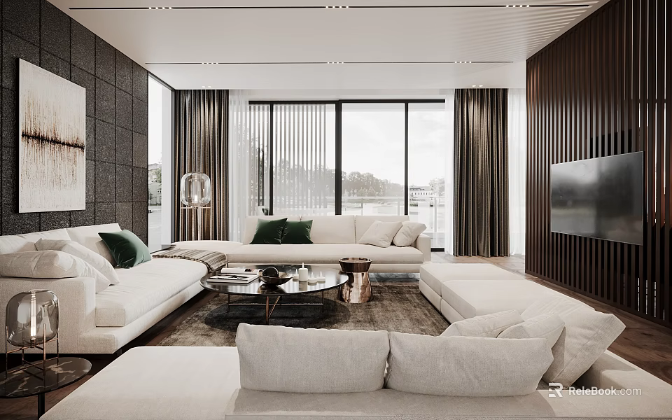 Modern Living Room Interior With White Sofas Green Cushions Coffee Tables And Large Windows 3d model 