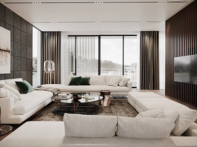 Modern Living Room Interior With White Sofas Green Cushions Coffee Tables And Large Windows 3d model