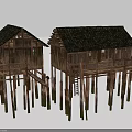 Traditional Wooden Stilt Houses in Rural Setting with Black Tiled Roofs and Balconies