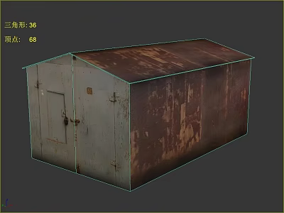 Triangular Roof Metal Shed With Rusted Surface And Metal Door Structure 3d model