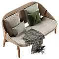 Stylish Two Seater Sofa with Rattan Frame Wooden Legs Green Pillows and Throw Blanket