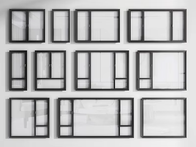 Different Styles Of Black Window Frames With White Glass For Home Interior Design 3d model