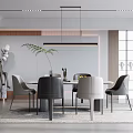 Modern Restaurant Interior With Dining Table Mixed Chairs And Hanging Lights