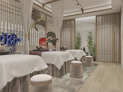Elegant Modern Chinese SPA Sauna Room With White Massage Beds Beige Stools Bamboo Screens 3d model
