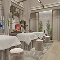 Elegant Modern Chinese SPA Sauna Room With White Massage Beds Beige Stools Bamboo Screens
