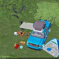 Scenic Campsite Featuring Blue Pickup Truck Tent Grassy Area And Camping Equipment