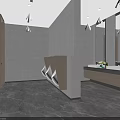 Modern Public Restroom Interior With Stalls Sinks Mirrors And Gray Marble Flooring