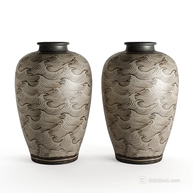 Classic Ceramic Vases With Intricate Wave And Bird Patterns And Dark Rims 3d model