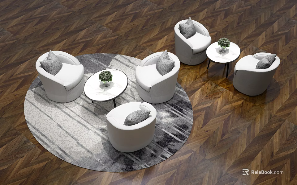 White Sofa And Round Coffee Table Set With Round Rug On Herringbone Wooden Floor 3d model 
