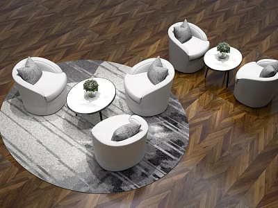 White Sofa And Round Coffee Table Set With Round Rug On Herringbone Wooden Floor 3d model