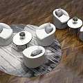 White Sofa And Round Coffee Table Set With Round Rug On Herringbone Wooden Floor