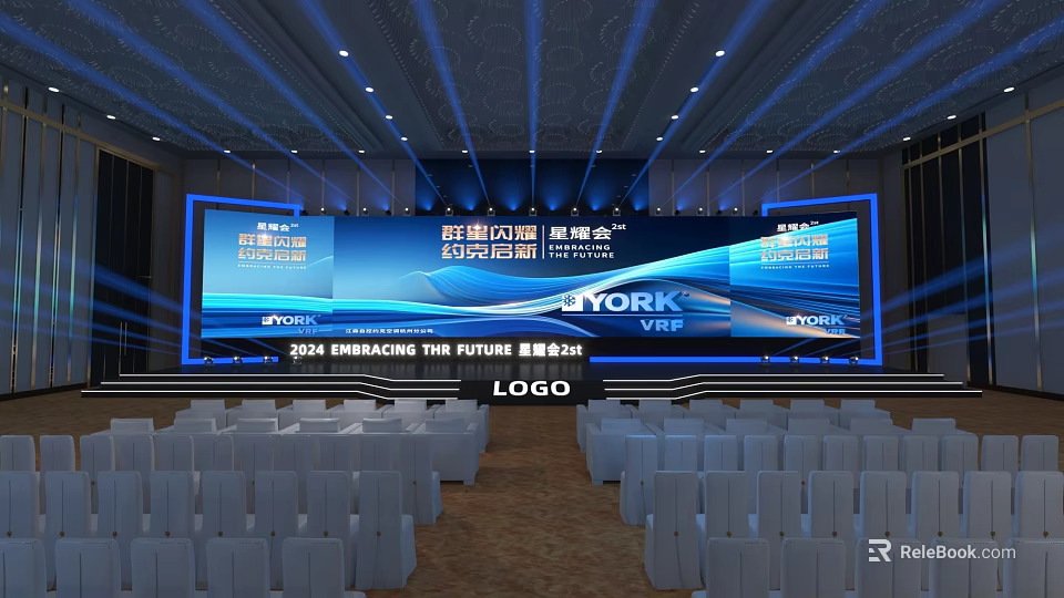 Banquet Hall For Summit With Large Screen Stage White Seats And Lighting 3d model 