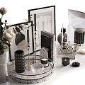 Stylish Decorative Ornament Combination With Framed Artworks Vases Flowers Modern Lamps And Sculptural Trays