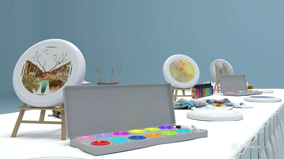 Commercial Art Equipment With Colorful Paint Palette Brushes And Easels Supplies 3d model 