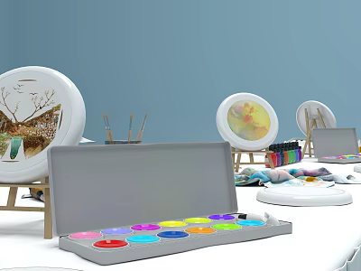 Commercial Art Equipment With Colorful Paint Palette Brushes And Easels Supplies 3d model