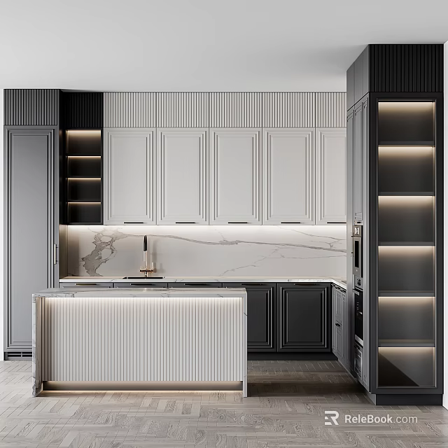 Modern Kitchen Interior Design With Elegant Cabinets Marble Countertop And Lighting 3d model 