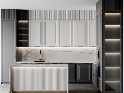 Modern Kitchen Interior Design With Elegant Cabinets Marble Countertop And Lighting 3d model