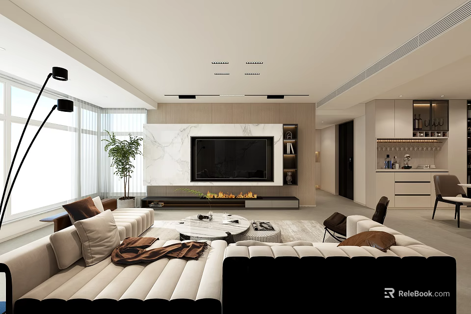 Modern Living Room with White Black Sofas Marble Wall TV Fireplace Floor Lamp Green Plant 3d model 