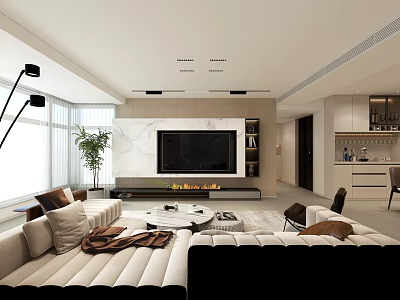 Modern Living Room with White Black Sofas Marble Wall TV Fireplace Floor Lamp Green Plant 3d model
