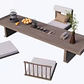 Simple Style Wooden Tea Table and Chairs with Teapot Fruits and Green Plants