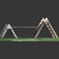 Outdoor Wooden Climbing Frame Equipment With Ladder Structure On Green Grass