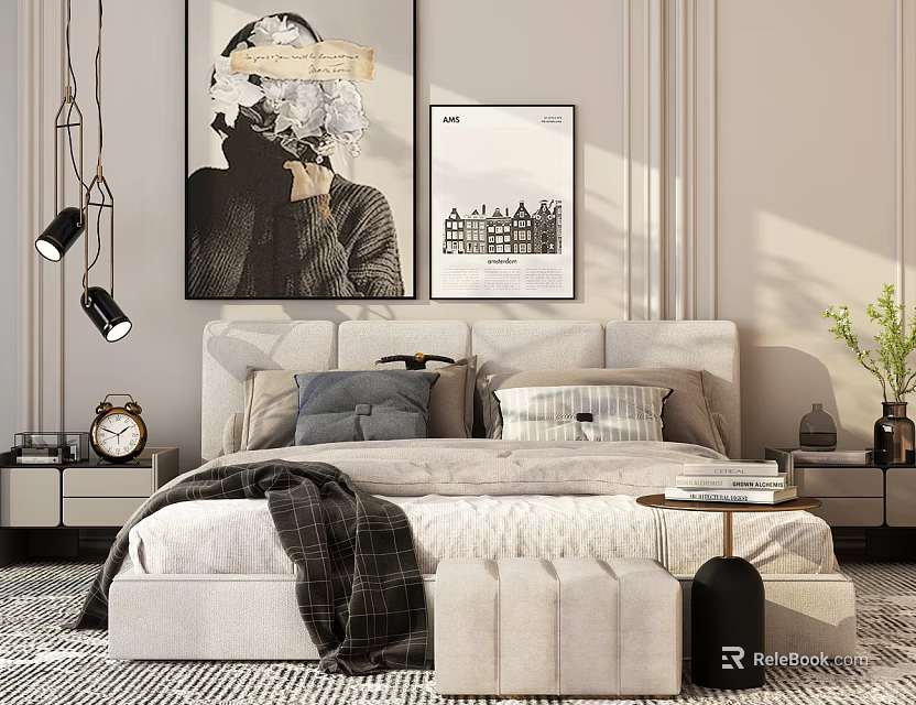 Modern Double Bed With Plaid Blanket Headboard Cushions Footstool And Wall Art 3d model 