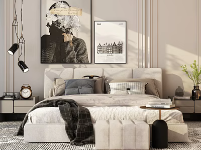 Modern Double Bed With Plaid Blanket Headboard Cushions Footstool And Wall Art 3d model