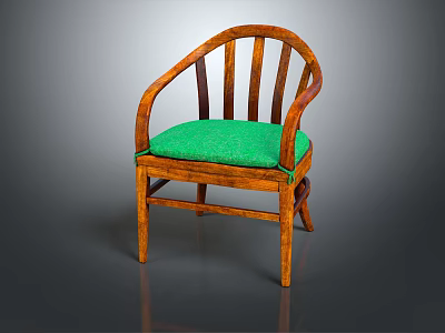 Wooden Armchair With Curved Armrests Slatted Backrest And Green Padded Seat 3d model